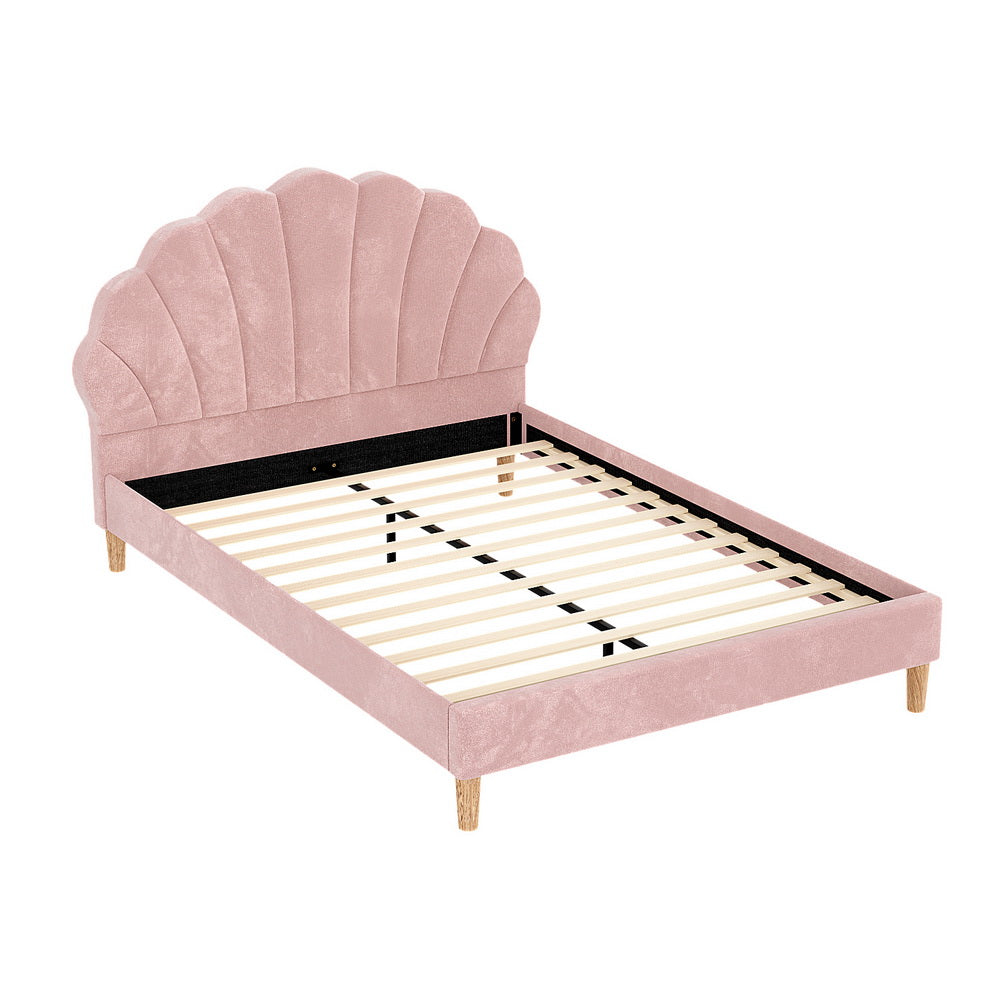 Artiss Bed Frame Double Size Scallop-Shape Bedhead Beds Base Pink Velvet Fabric-Furniture &gt; Bedroom &gt; Beds &amp; Bed Frames-PEROZ Accessories