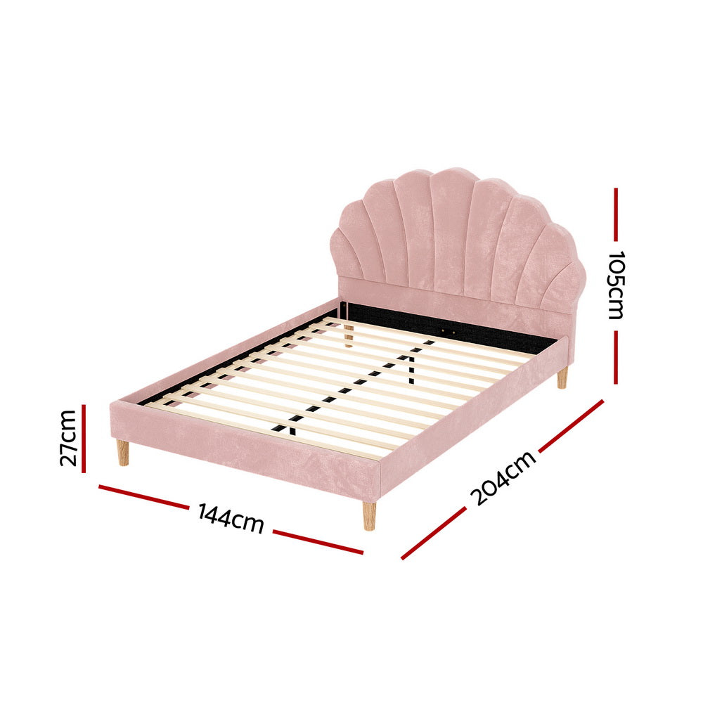 Artiss Bed Frame Double Size Scallop-Shape Bedhead Beds Base Pink Velvet Fabric-Furniture &gt; Bedroom &gt; Beds &amp; Bed Frames-PEROZ Accessories