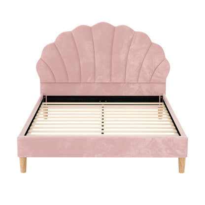 Artiss Bed Frame Double Size Scallop-Shape Bedhead Beds Base Pink Velvet Fabric-Furniture &gt; Bedroom &gt; Beds &amp; Bed Frames-PEROZ Accessories