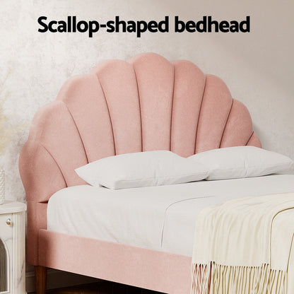Artiss Bed Frame Double Size Scallop-Shape Bedhead Beds Base Pink Velvet Fabric-Furniture &gt; Bedroom &gt; Beds &amp; Bed Frames-PEROZ Accessories