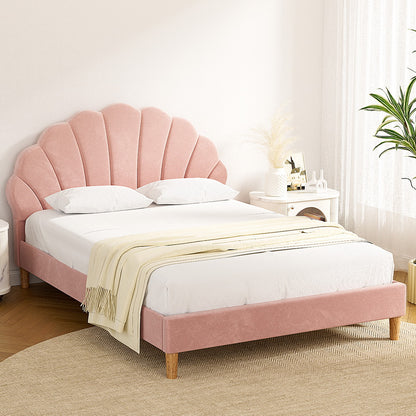 Artiss Bed Frame Double Size Scallop-Shape Bedhead Beds Base Pink Velvet Fabric-Furniture &gt; Bedroom &gt; Beds &amp; Bed Frames-PEROZ Accessories