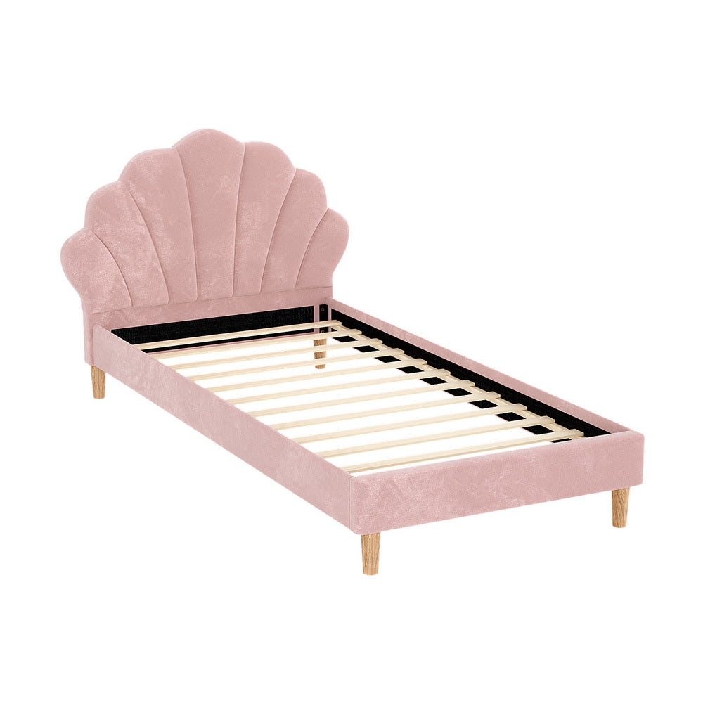 Artiss Bed Frame King Single Size Scallop-Shape Bedhead Beds Base Pink Velvet Fabric-Furniture &gt; Bedroom &gt; Beds &amp; Bed Frames-PEROZ Accessories