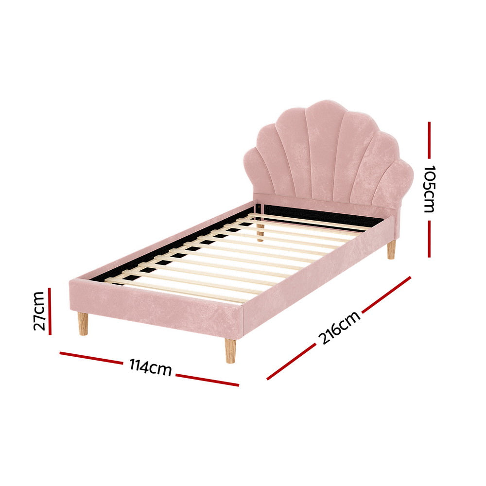 Artiss Bed Frame King Single Size Scallop-Shape Bedhead Beds Base Pink Velvet Fabric-Furniture &gt; Bedroom &gt; Beds &amp; Bed Frames-PEROZ Accessories