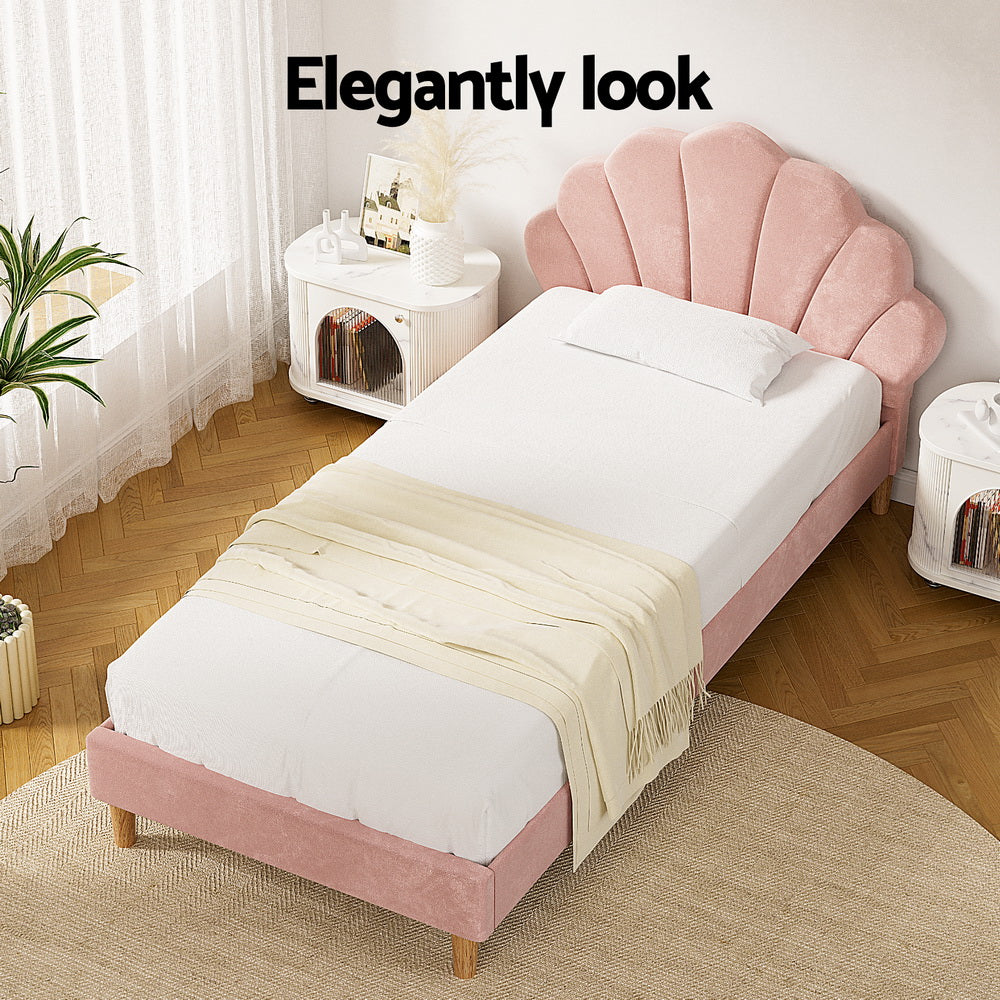 Artiss Bed Frame King Single Size Scallop-Shape Bedhead Beds Base Pink Velvet Fabric-Furniture &gt; Bedroom &gt; Beds &amp; Bed Frames-PEROZ Accessories