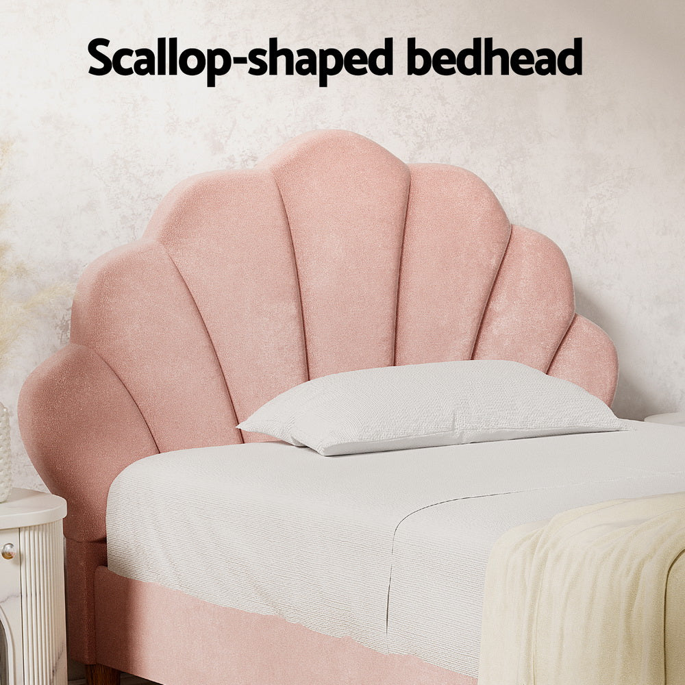 Artiss Bed Frame King Single Size Scallop-Shape Bedhead Beds Base Pink Velvet Fabric-Furniture &gt; Bedroom &gt; Beds &amp; Bed Frames-PEROZ Accessories