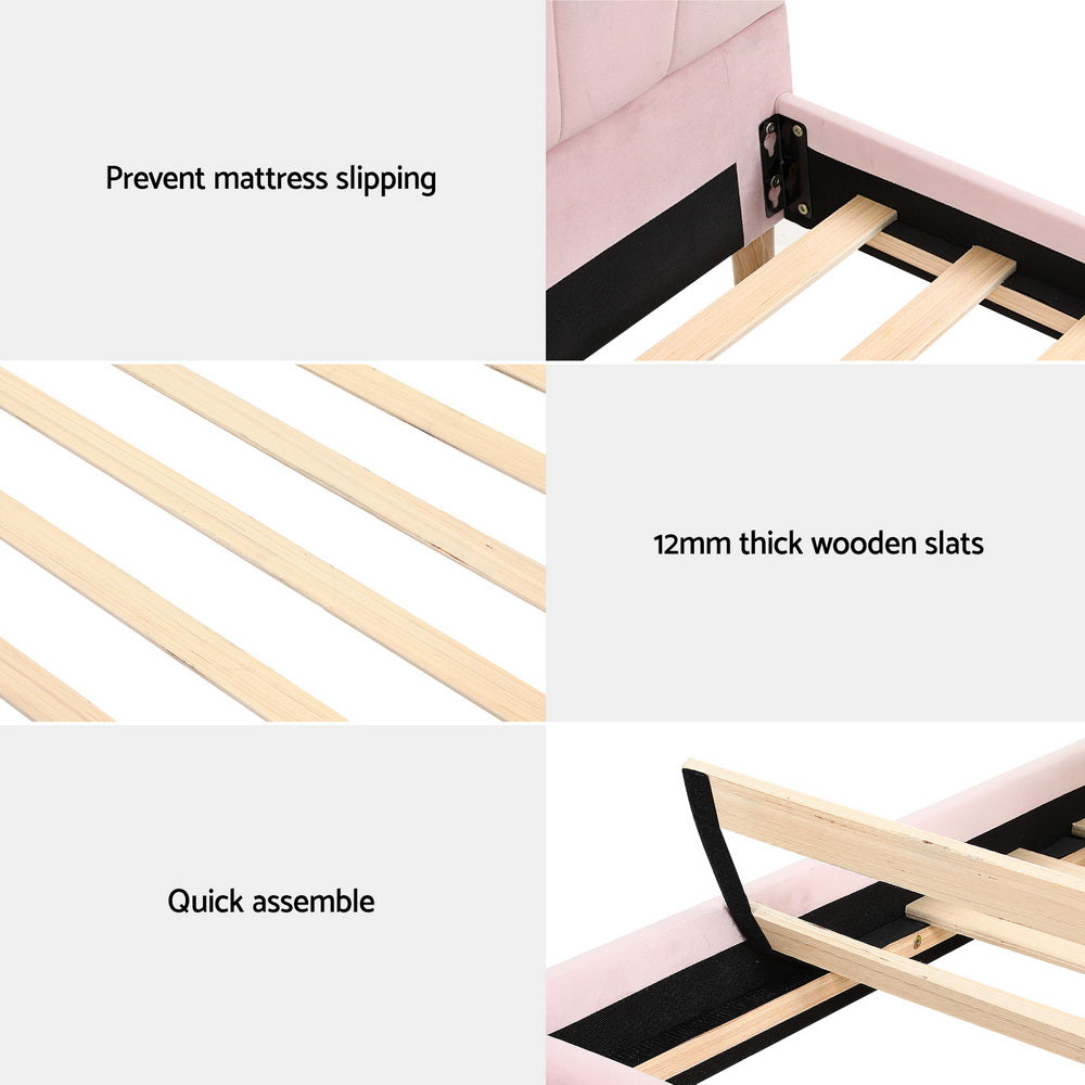 Artiss Bed Frame King Single Size Scallop-Shape Bedhead Beds Base Pink Velvet Fabric-Furniture &gt; Bedroom &gt; Beds &amp; Bed Frames-PEROZ Accessories