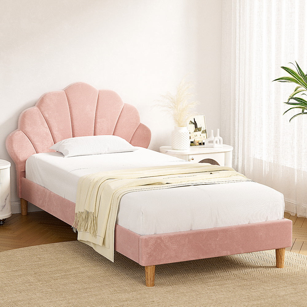Artiss Bed Frame King Single Size Scallop-Shape Bedhead Beds Base Pink Velvet Fabric-Furniture &gt; Bedroom &gt; Beds &amp; Bed Frames-PEROZ Accessories