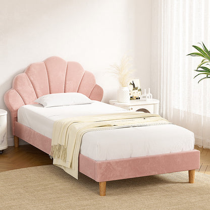 Artiss Bed Frame King Single Size Scallop-Shape Bedhead Beds Base Pink Velvet Fabric-Furniture &gt; Bedroom &gt; Beds &amp; Bed Frames-PEROZ Accessories
