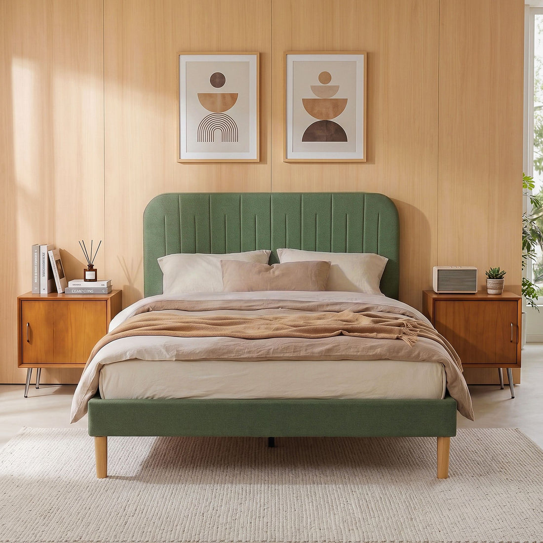 Artiss Double Bed Frame, Green Fabric, Padded Headboard, 300kg Capacity-Furniture > Bedroom > Beds &amp; Bed Frames-PEROZ Accessories