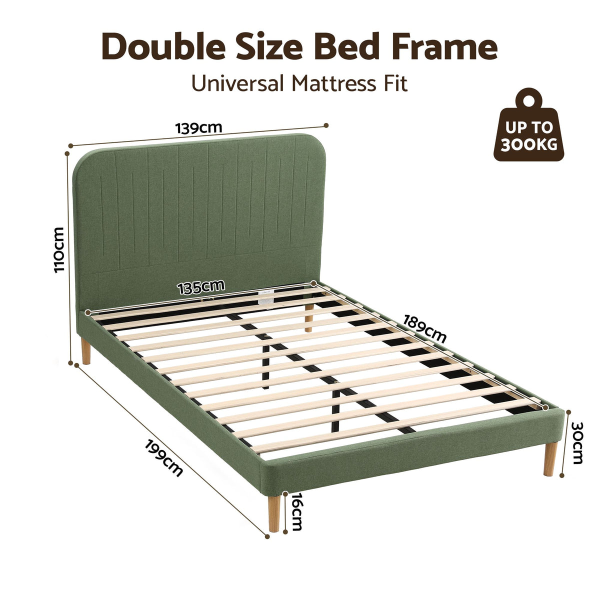 Artiss Double Bed Frame, Green Fabric, Padded Headboard, 300kg Capacity-Furniture > Bedroom > Beds &amp; Bed Frames-PEROZ Accessories