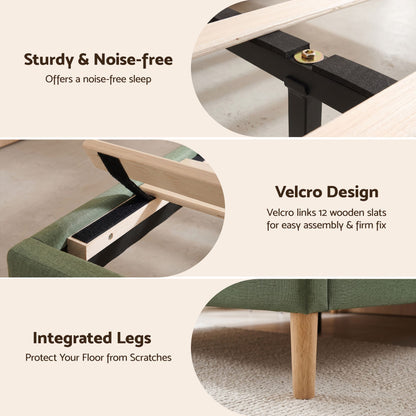 Artiss Double Bed Frame, Green Fabric, Padded Headboard, 300kg Capacity-Furniture > Bedroom > Beds &amp; Bed Frames-PEROZ Accessories