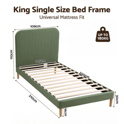 Artiss King Single Bed Frame, Green Faux Linen with Wooden Slats-Furniture > Bedroom > Beds &amp; Bed Frames-PEROZ Accessories