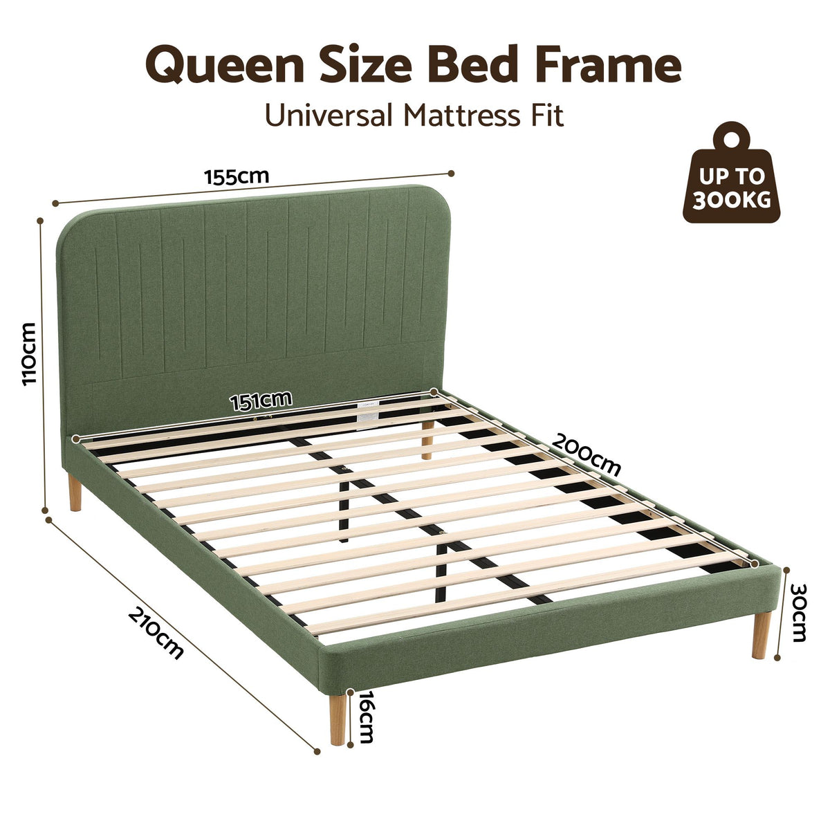 Artiss Queen Bed Frame, Green Fabric, Padded Headboard, 300kg Capacity-Furniture > Bedroom > Beds &amp; Bed Frames-PEROZ Accessories