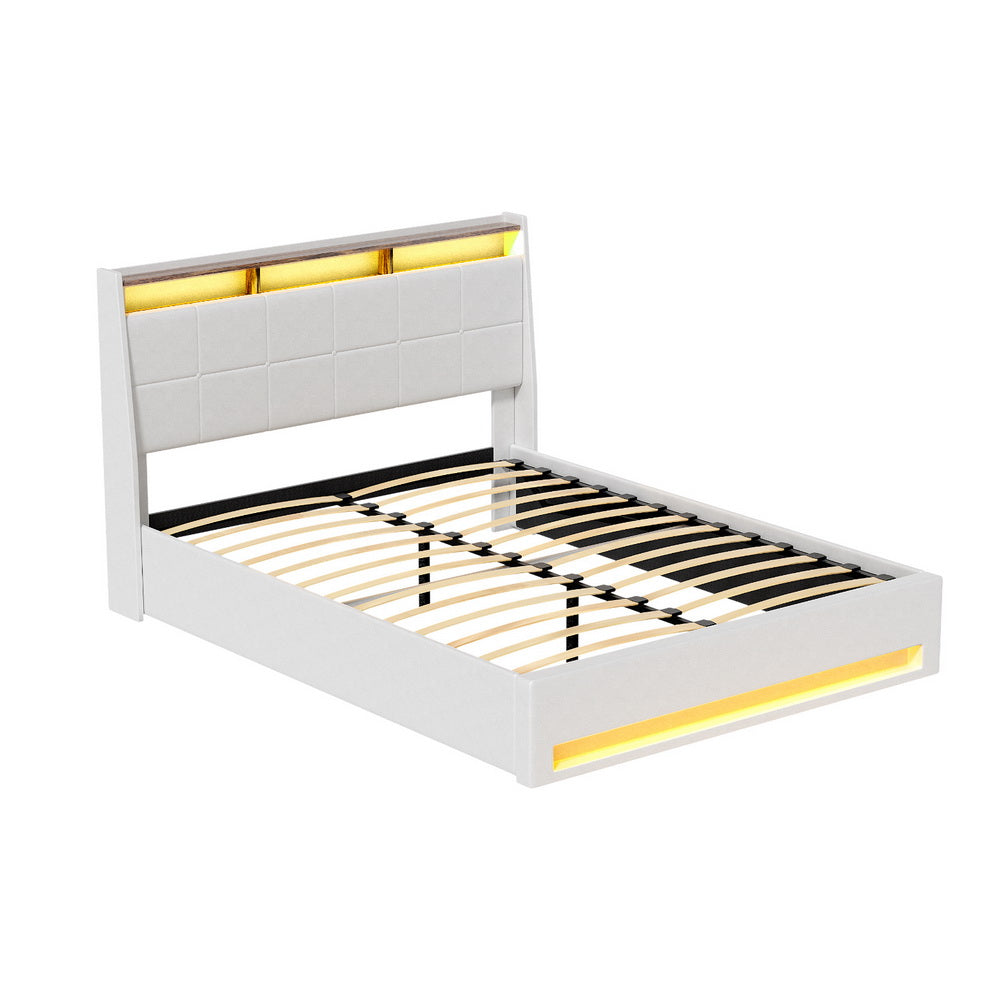 Artiss Bed Frame Gas Lift LED Beds Base Platform White PVC Leather Storage Headboard - Double-Furniture &gt; Bedroom &gt; Beds &amp; Bed Frames-PEROZ Accessories