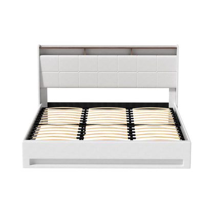 Artiss Bed Frame Gas Lift LED Beds Base Platform White PVC Leather Storage Headboard - King-Furniture &gt; Bedroom &gt; Beds &amp; Bed Frames-PEROZ Accessories