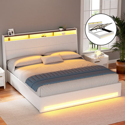 Artiss Bed Frame Gas Lift LED Beds Base Platform White PVC Leather Storage Headboard - King-Furniture &gt; Bedroom &gt; Beds &amp; Bed Frames-PEROZ Accessories