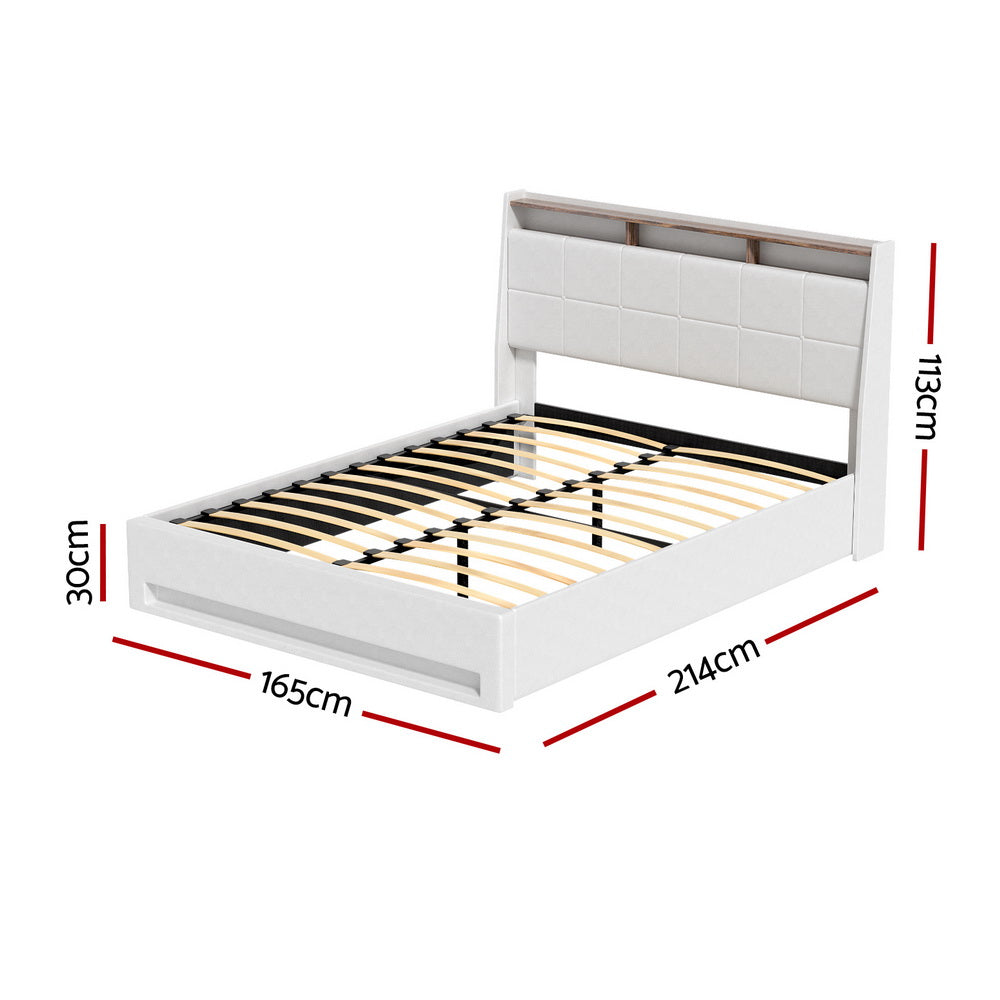 Artiss Bed Frame Gas Lift LED Beds Base Platform White PVC Leather Storage Headboard - Queen-Furniture &gt; Bedroom &gt; Beds &amp; Bed Frames-PEROZ Accessories