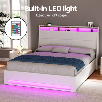 Artiss Bed Frame Gas Lift LED Beds Base Platform White PVC Leather Storage Headboard - Queen-Furniture &gt; Bedroom &gt; Beds &amp; Bed Frames-PEROZ Accessories