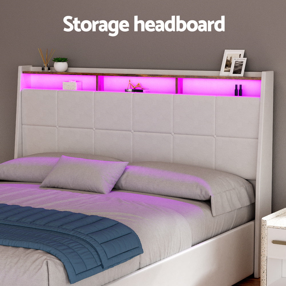 Artiss Bed Frame Gas Lift LED Beds Base Platform White PVC Leather Storage Headboard - Queen-Furniture &gt; Bedroom &gt; Beds &amp; Bed Frames-PEROZ Accessories
