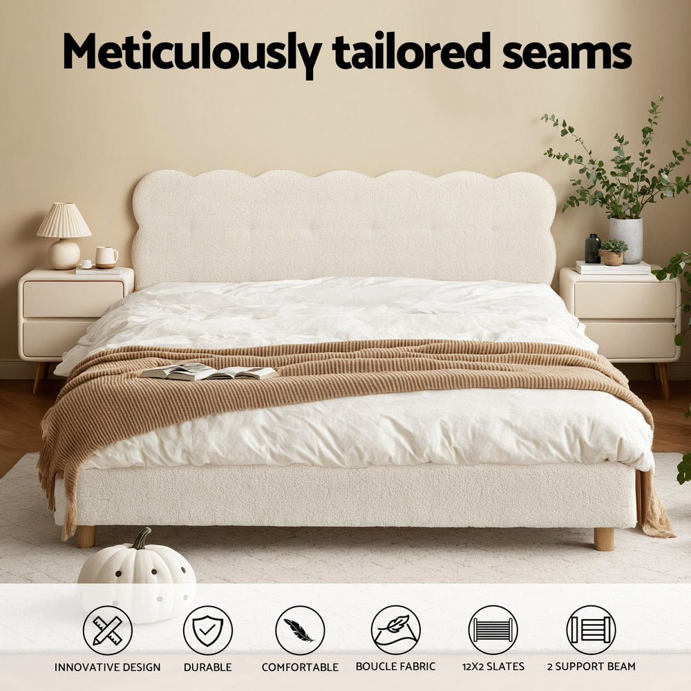 Artiss Double Bed Frame Cloud Headboard Boucle Fabric Mattress Platform Base White-Furniture &gt; Bedroom &gt; Beds &amp; Bed Frames-PEROZ Accessories