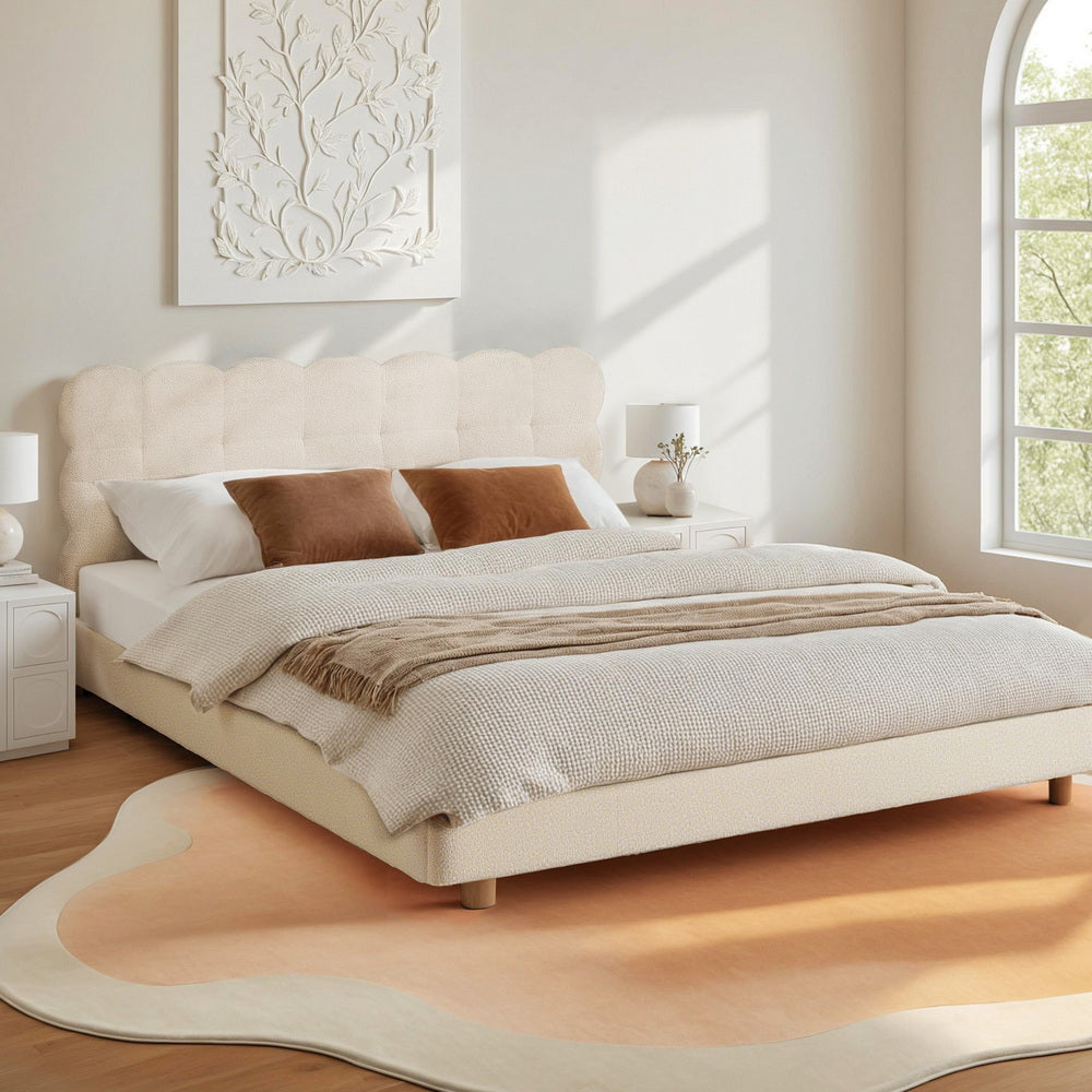 Artiss Double Bed Frame Cloud Headboard Boucle Fabric Mattress Platform Base White-Furniture &gt; Bedroom &gt; Beds &amp; Bed Frames-PEROZ Accessories