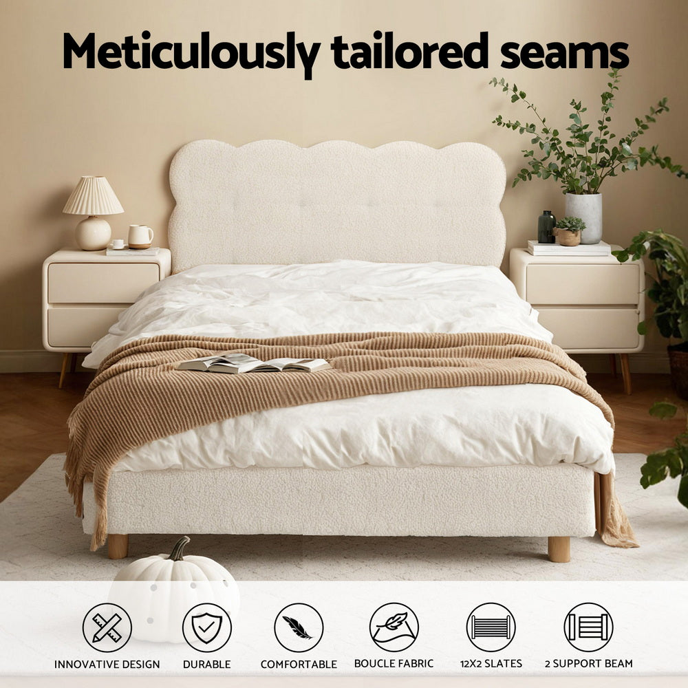 Artiss King Single Bed Frame Cloud Headboard Boucle Fabric Mattress Platform Base White-Furniture &gt; Bedroom &gt; Beds &amp; Bed Frames-PEROZ Accessories