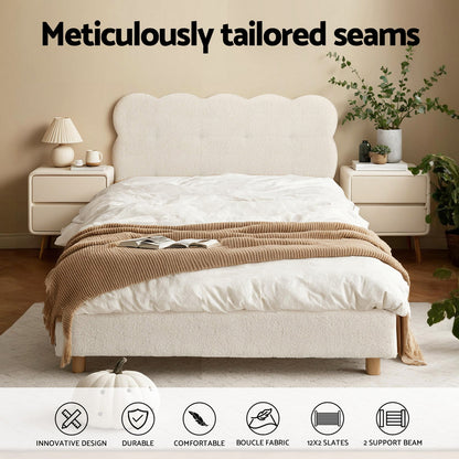 Artiss King Single Bed Frame Cloud Headboard Boucle Fabric Mattress Platform Base White-Furniture &gt; Bedroom &gt; Beds &amp; Bed Frames-PEROZ Accessories