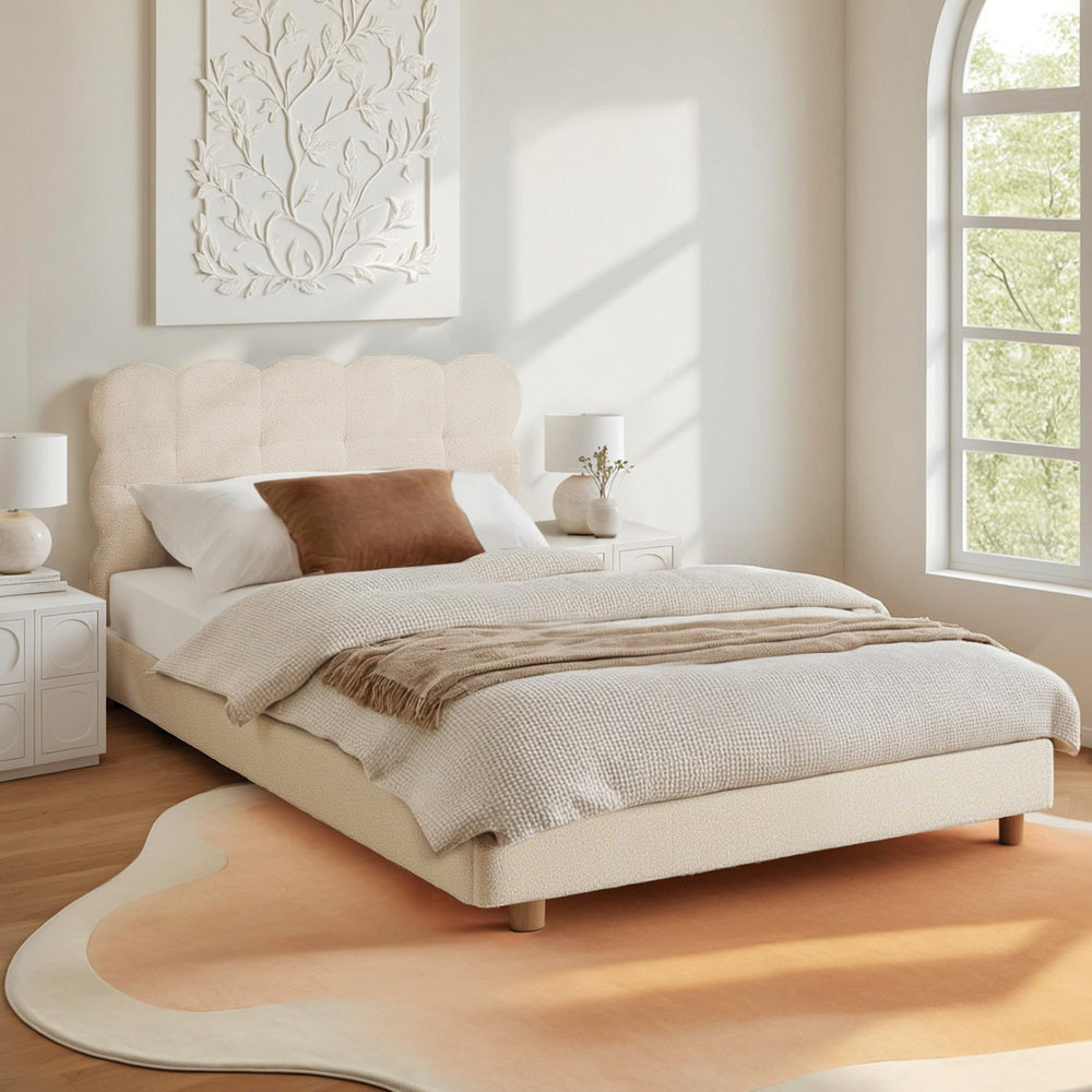 Artiss King Single Bed Frame Cloud Headboard Boucle Fabric Mattress Platform Base White-Furniture &gt; Bedroom &gt; Beds &amp; Bed Frames-PEROZ Accessories