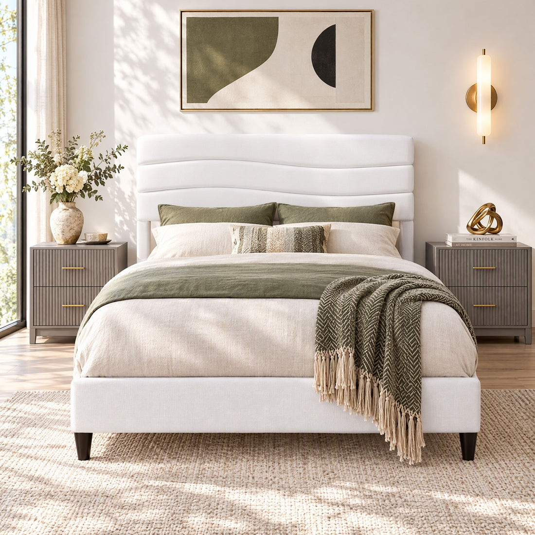 Artiss Double Bed Frame with Adjustable Headboard Platform Base Linen Fabric Charging Ports-Furniture > Bedroom > Beds &amp; Bed Frames-PEROZ Accessories