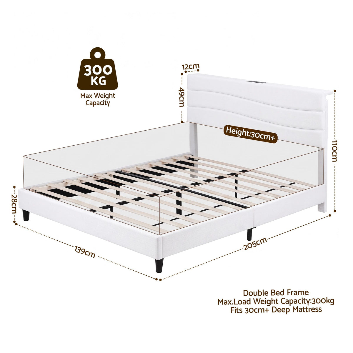 Artiss Double Bed Frame with Adjustable Headboard Platform Base Linen Fabric Charging Ports