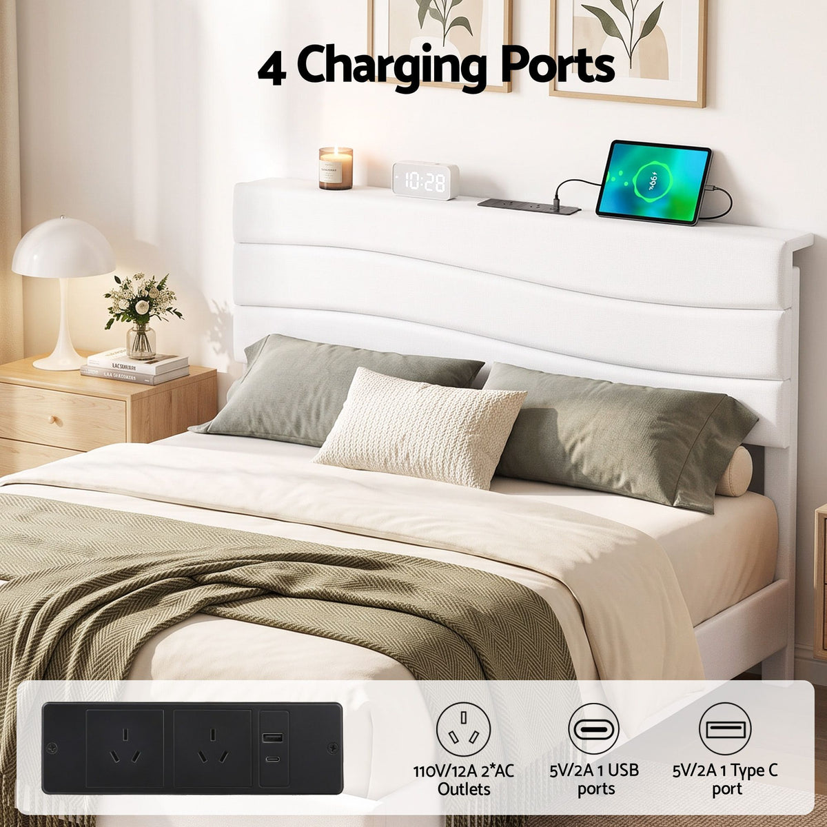 Artiss Double Bed Frame with Adjustable Headboard Platform Base Linen Fabric Charging Ports