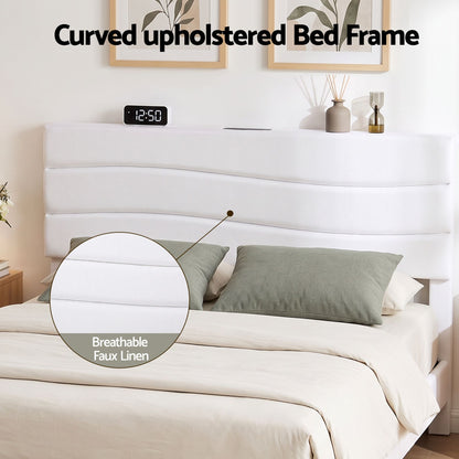 Artiss Double Bed Frame with Adjustable Headboard Platform Base Linen Fabric Charging Ports