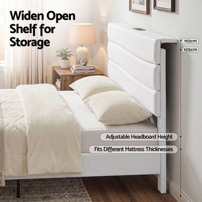 Artiss Double Bed Frame with Adjustable Headboard Platform Base Linen Fabric Charging Ports