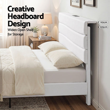 Artiss Queen Bed Frame with Storage Adjustable Headboard Platform Base Linen Fabric Charging Ports-Furniture > Bedroom > Beds &amp; Bed Frames-PEROZ Accessories