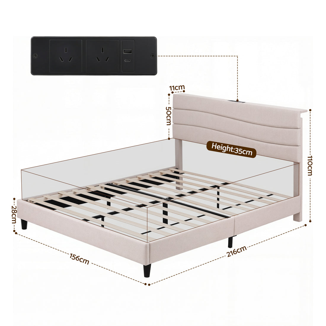 Artiss Queen Bed Frame with Storage Adjustable Headboard Platform Base Linen Fabric Charging Ports-Furniture > Bedroom > Beds &amp; Bed Frames-PEROZ Accessories