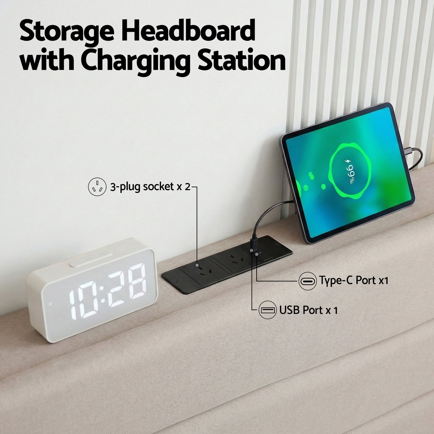 Artiss Queen Bed Frame with Storage Adjustable Headboard Platform Base Linen Fabric Charging Ports-Furniture > Bedroom > Beds &amp; Bed Frames-PEROZ Accessories