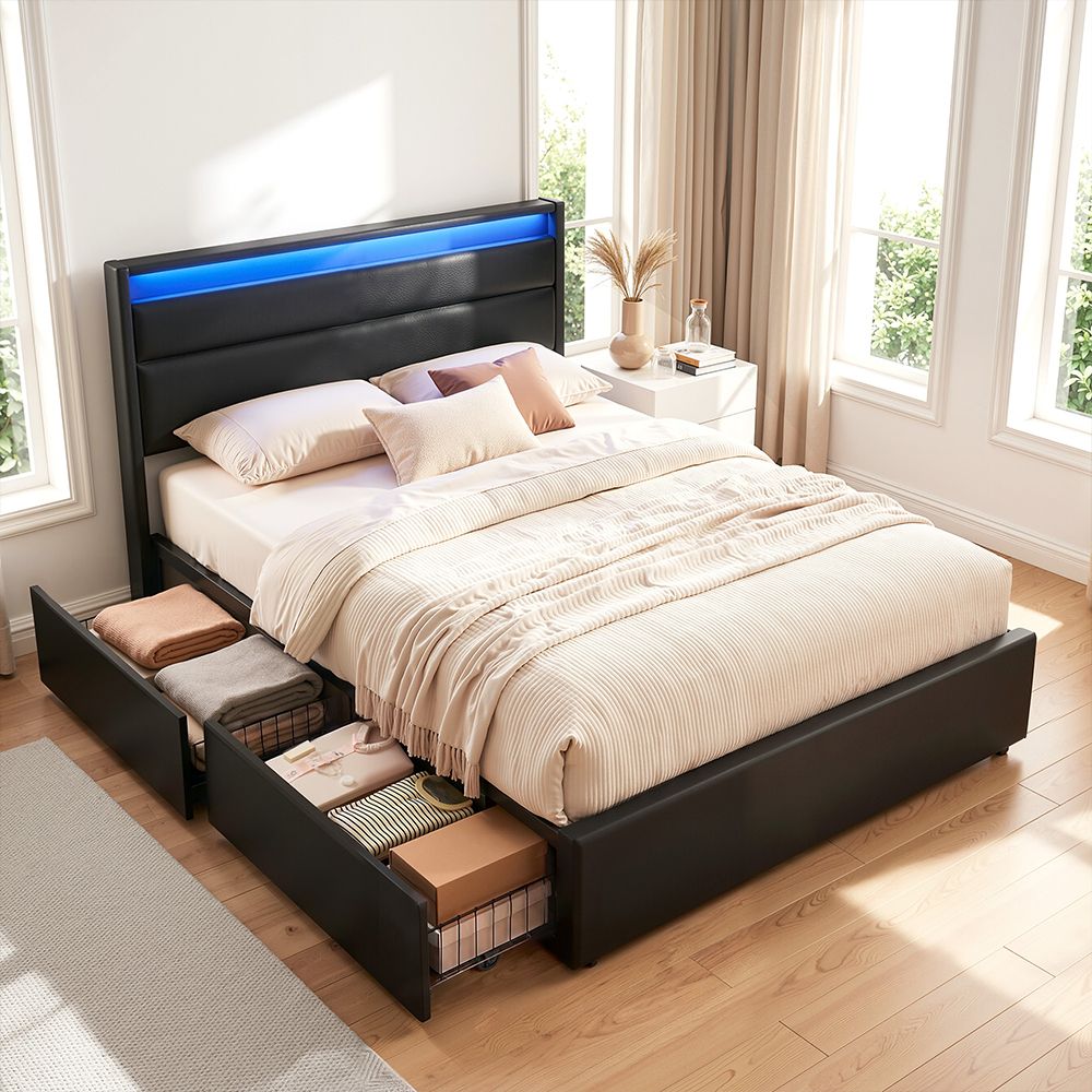Artiss Bed Frame Double Size LED with 4 Drawers Black DUNN-Furniture > Bedroom > Beds &amp; Bed Frames-PEROZ Accessories