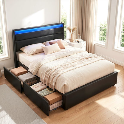 Artiss Bed Frame Double Size LED with 4 Drawers Black DUNN-Furniture > Bedroom > Beds &amp; Bed Frames-PEROZ Accessories