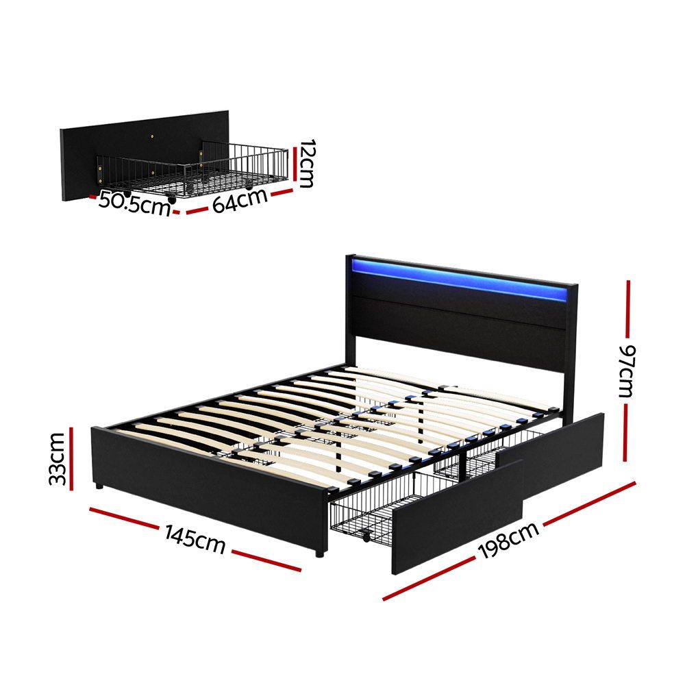 Artiss Bed Frame Double Size LED with 4 Drawers Black DUNN-Furniture > Bedroom > Beds &amp; Bed Frames-PEROZ Accessories