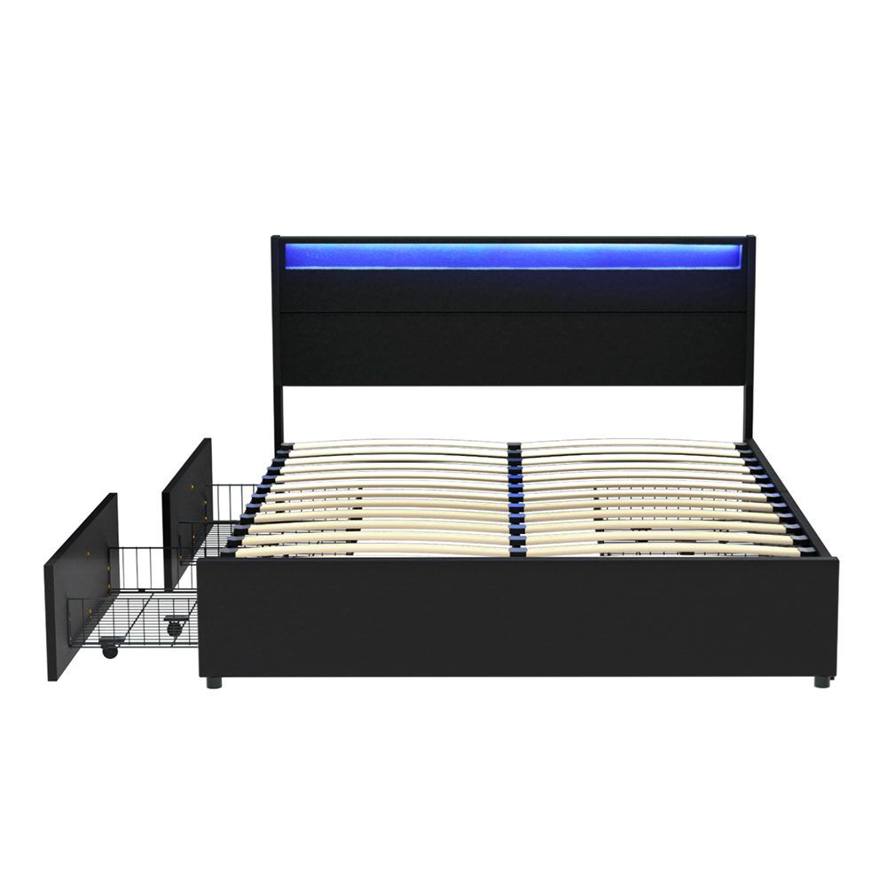 Artiss Bed Frame Double Size LED with 4 Drawers Black DUNN-Furniture > Bedroom > Beds &amp; Bed Frames-PEROZ Accessories