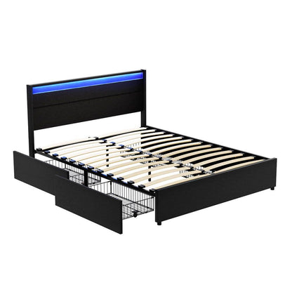 Artiss Bed Frame Double Size LED with 4 Drawers Black DUNN-Furniture > Bedroom > Beds &amp; Bed Frames-PEROZ Accessories