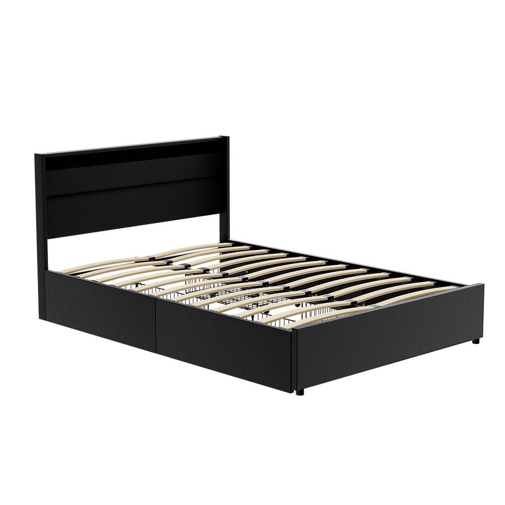 Artiss Bed Frame Double Size LED with 4 Drawers Black DUNN-Furniture &gt; Bedroom &gt; Beds &amp; Bed Frames-PEROZ Accessories