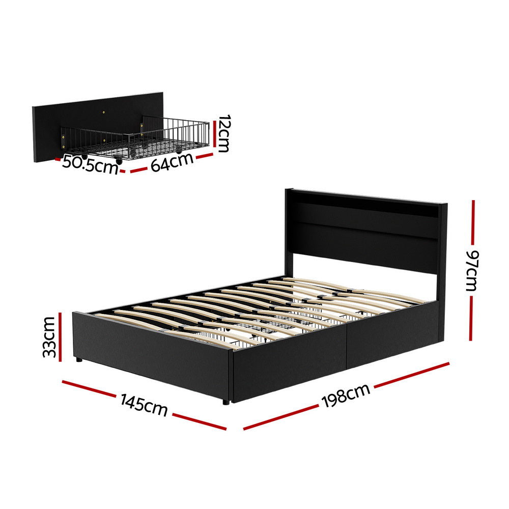 Artiss Bed Frame Double Size LED with 4 Drawers Black DUNN-Furniture &gt; Bedroom &gt; Beds &amp; Bed Frames-PEROZ Accessories