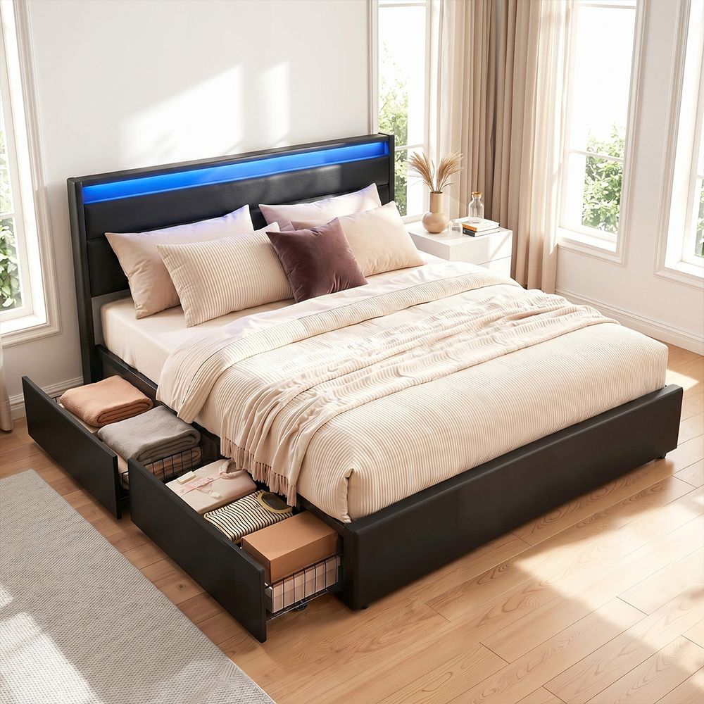 Artiss Bed Frame Queen Size LED with 4 Drawers Black DUNN-Furniture > Bedroom > Beds &amp; Bed Frames-PEROZ Accessories