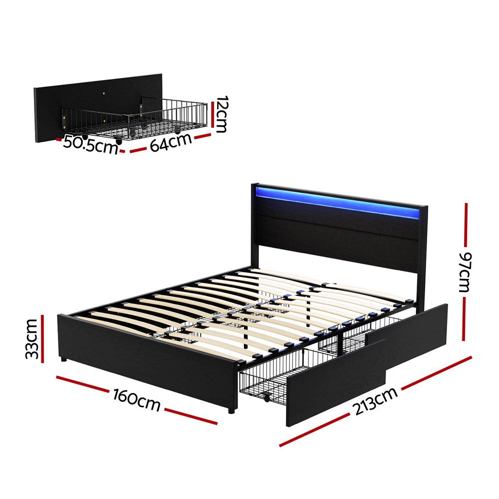 Artiss Bed Frame Queen Size LED with 4 Drawers Black DUNN-Furniture > Bedroom > Beds &amp; Bed Frames-PEROZ Accessories