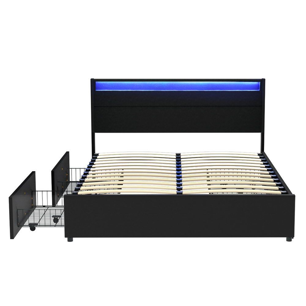 Artiss Bed Frame Queen Size LED with 4 Drawers Black DUNN-Furniture > Bedroom > Beds &amp; Bed Frames-PEROZ Accessories