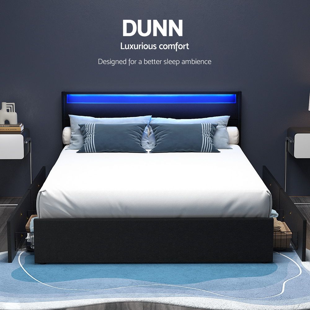 Artiss Bed Frame Queen Size LED with 4 Drawers Black DUNN-Furniture > Bedroom > Beds &amp; Bed Frames-PEROZ Accessories