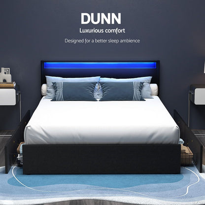 Artiss Bed Frame Queen Size LED with 4 Drawers Black DUNN-Furniture > Bedroom > Beds &amp; Bed Frames-PEROZ Accessories