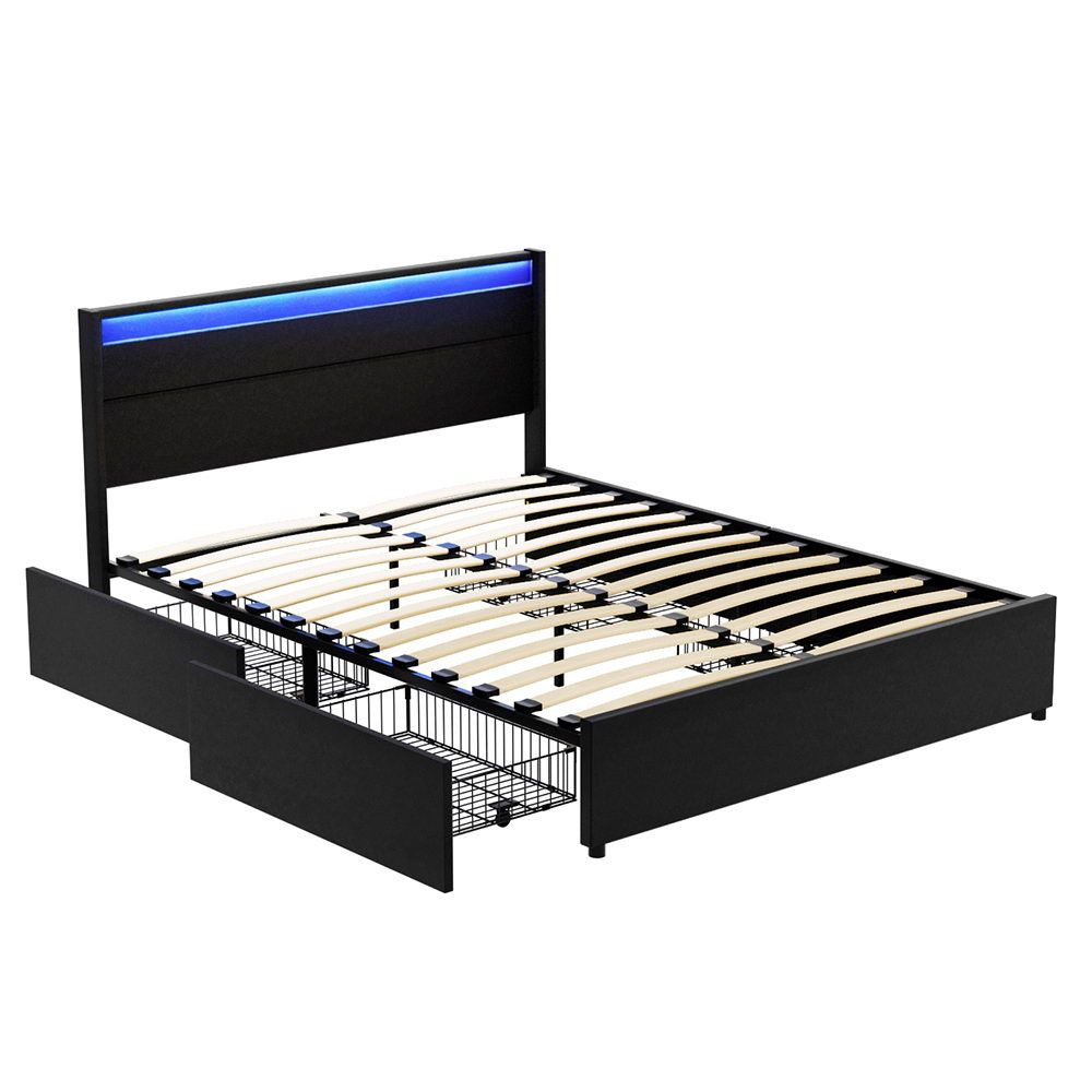 Artiss Bed Frame Queen Size LED with 4 Drawers Black DUNN-Furniture > Bedroom > Beds &amp; Bed Frames-PEROZ Accessories