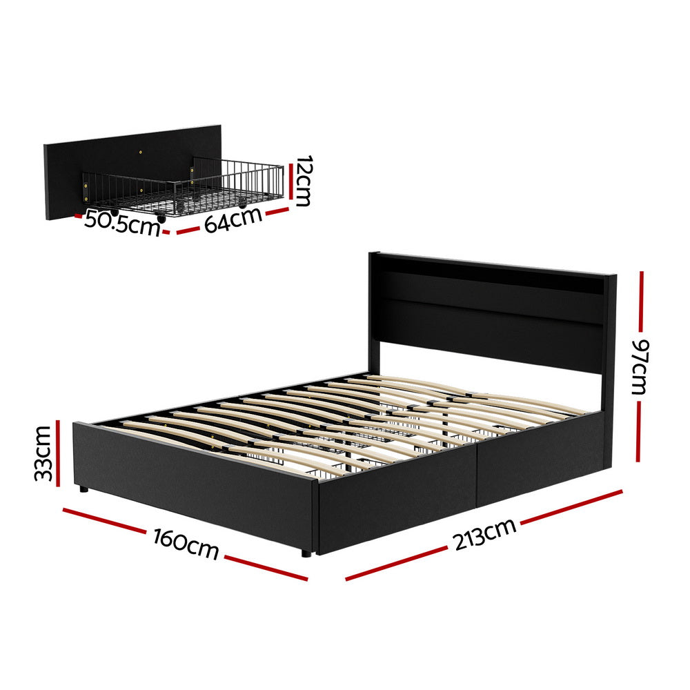 Artiss Bed Frame Queen Size LED with 4 Drawers Black DUNN-Furniture &gt; Bedroom &gt; Beds &amp; Bed Frames-PEROZ Accessories